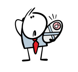 Confused man holds a baby in his arms and does not know how to calm him down. Vector illustration of infant screaming and crying. Father is scared. Isolated cartoon character on white.