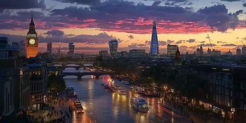 Obraz premium Twilight view of London featuring Big Ben the Shard and River Thames with illuminated boats
