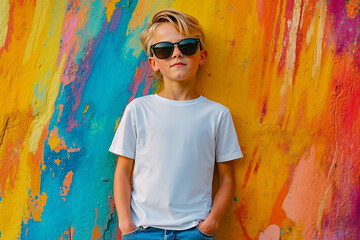 Obraz premium A young boy wearing sunglasses standing in front of a colorful wall