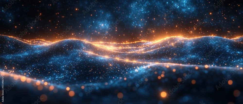 Poster futuristic digital landscape with glowing blue network connections for cybersecurity application int