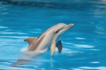 Obraz premium A dolphin is jumping out of the water. The water is blue and the dolphin is white