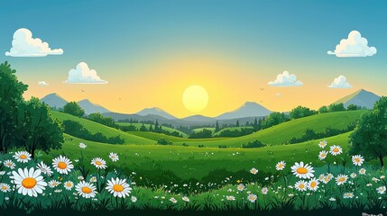 Naklejka premium Sunrise over rolling green hills and daisy field.