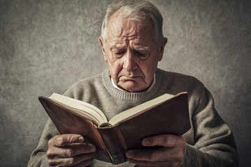 Elderly man deeply engaged in reading a book indoors during a quiet afternoon