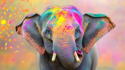 Obraz premium A multicolored elephant is surrounded by the colors of the Holi festival. The elephant seems to be enjoying the flowers and is in a playful mood.