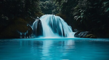 Serene waterfall cascading into a vibrant turquoise pool, surrounded by lush green rainforest.