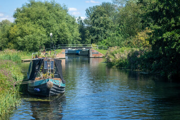 Boat moored along the river Stort in Hertfordshire