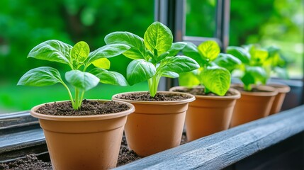 Obraz premium Vibrant green seedlings in pots on a sunny windowsill against lush outdoor backdrop