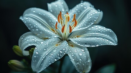 A close-up of a white lily flower adorned with water droplets.