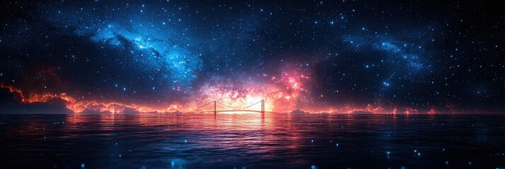 Surreal nightscape with vibrant nebula reflection on calm water.