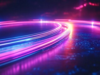 Abstract Neon Light Trails Flowing Across Dark Surface