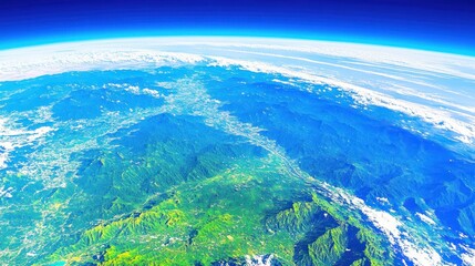 Aerial view of Earth showcasing lush landscapes and atmospheric layers.