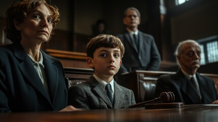 Cute child and mother at table with gavel of judge blurred in background, family law concept
