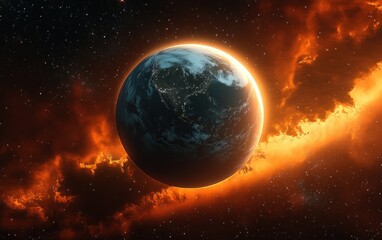 Obraz premium Hyper-realistic 3D Illustration of Earth from Orbit with Fiery Sunset and Dramatic Lighting