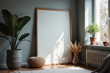 Cozy corner with plants, art, and natural light.