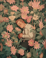 Tired office guy on pattern with leaves and flowers