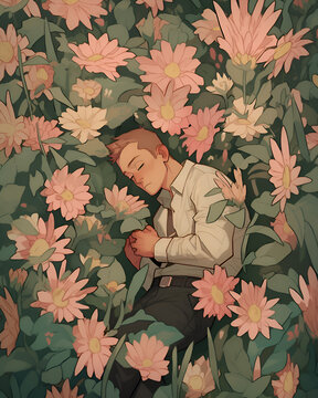 Tired office guy on pattern with leaves and flowers