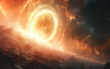 Obraz premium Cosmic Scene of Planet Destruction with Dramatic Nebula and Space Exploration Elements