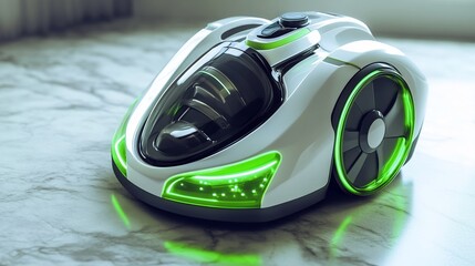 Futuristic robotic vacuum cleaner on marble floor.