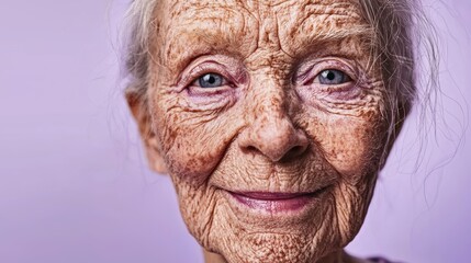 Portrait of a smiling elderly woman with wrinkles and freckles, showcasing the beauty of aging.
