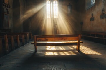Sunlit rays shining onto an old wooden pew