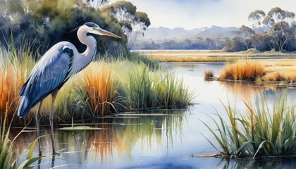 A graceful heron stands tall among lush grasses by a serene waterway, capturing the essence of Australian wildlife in a watercolor masterpiece at dawn