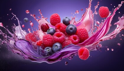 Juicy raspberries and blueberries burst in a vibrant purple splash!