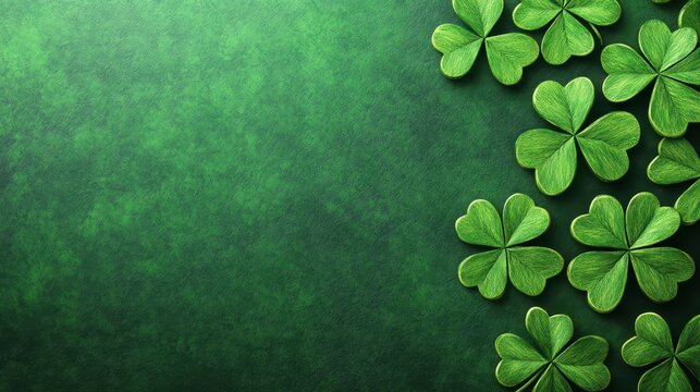 Shamrock leaves pattern on green textured background. St. Patrick’s Day with copy space