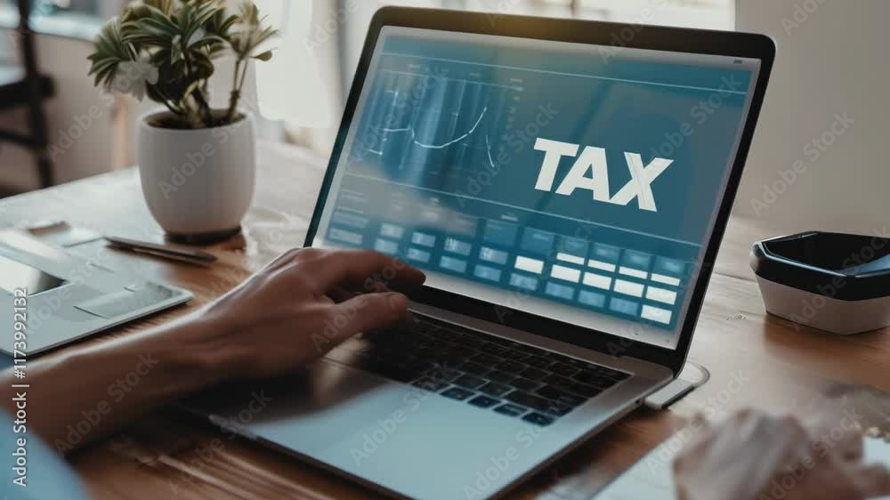 Poster Accountant calculating taxes online with charts and graphs on a laptop, focusing on finance and accounting tasks from a home office