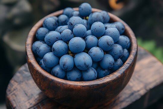 Harvested grapes in a wooden bowl