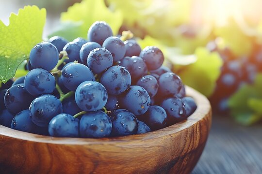 Harvested grapes in a wooden bowl