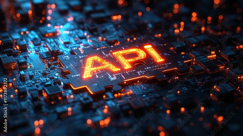 Poster Futuristic Puzzle Piece Concept of API Integration with Digital Circuit Patterns and Interlocking Technology Symbolizing Connectivity