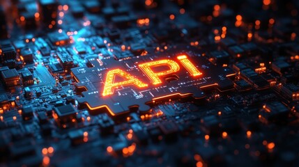 Fototapeta premium Futuristic Puzzle Piece Concept of API Integration with Digital Circuit Patterns and Interlocking Technology Symbolizing Connectivity
