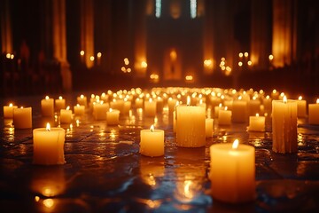 Lit candles in a dark cathedral aisle