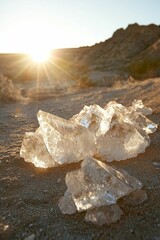 Crystals gleam, desert sunset backdrop.