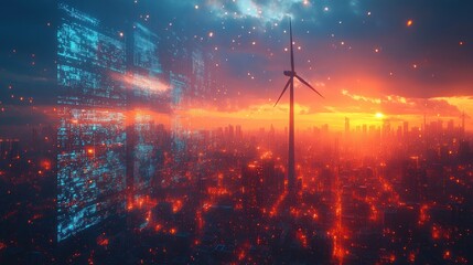 Futuristic Wind Turbine with Energy Data Dashboard at Sunset in Cyberpunk Style