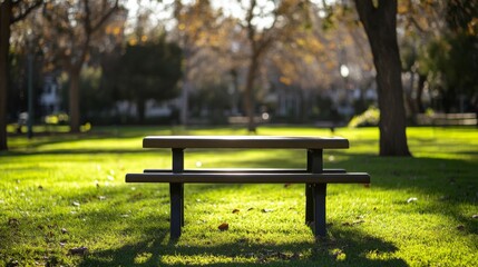 Serene Outdoor Scene Featuring an Empty Wooden Table Surrounded by Green Grass and Trees in a Bright Sunny Park Setting, Perfect for Nature Themes and Relaxation