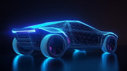 Naklejka premium Futuristic electric car, wireframe design, glowing blue.