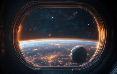 Hyper-realistic Space Scene of Distant Planet Viewed from Spaceship Window in Ambient Light