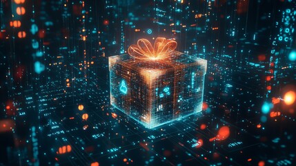 Orange gift box hologram floating on futuristic technological dark background