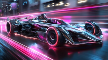 Fototapeta premium Futuristic race car speeding through neon city at night.