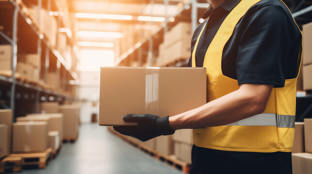 Professional warehouse worker handling a cardboard box in a modern storage facility with shelves stacked with packages. Ideal for logistics, shipping, e-commerce, and supply chain concepts.