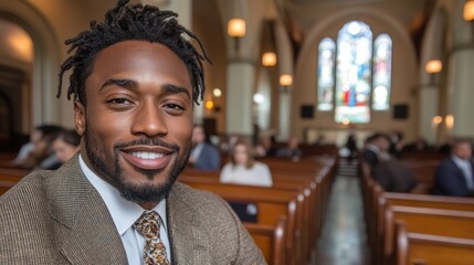 A smiling man in formal attire sits in a church with stained glass windows in the background.