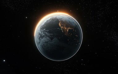 Fototapeta premium Stunning Orbit View of Earth from Space with Dramatic Lighting and Twinkling Stars in Deep Black Void