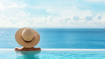 Woman is sitting in a pool with a straw hat on