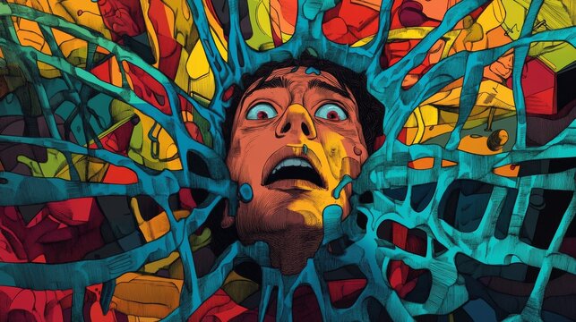 Man screaming trapped in colorful abstract net