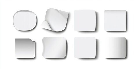 Circle and square paper stickers with rounded edges featuring adhesive backs Includes white tags with peeling corners and shadows designed as realistic mockups