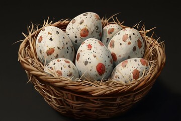 Obraz premium A woven basket containing speckled eggs resting on straw.
