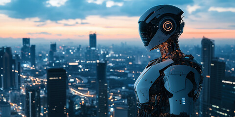Fototapeta premium Sleek futuristic robot assistant gazing over a modern city skyline at dusk, representing cutting-edge technology, artificial intelligence, and the vision of smart city innovations.