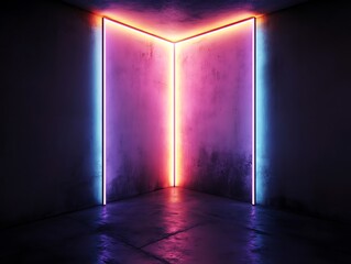 Neon lights illuminate a grunge corner in a dark room