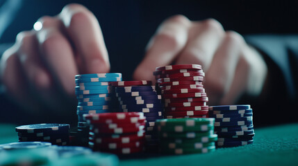 Naklejka premium Stacks of chips in vibrant reds, blues, and greens against the rich texture of a gaming table, with a croupierâs hands blurred in action behind them.